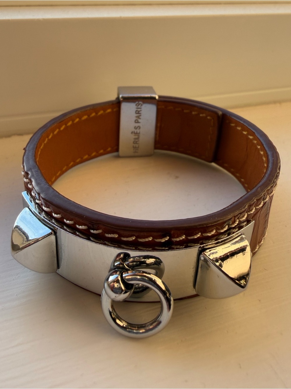 Hermes Brown Leather Collier de Chien Bracelet with Palladium Studs